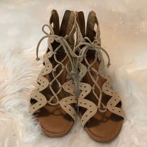Gladiator style faux suede sandals.